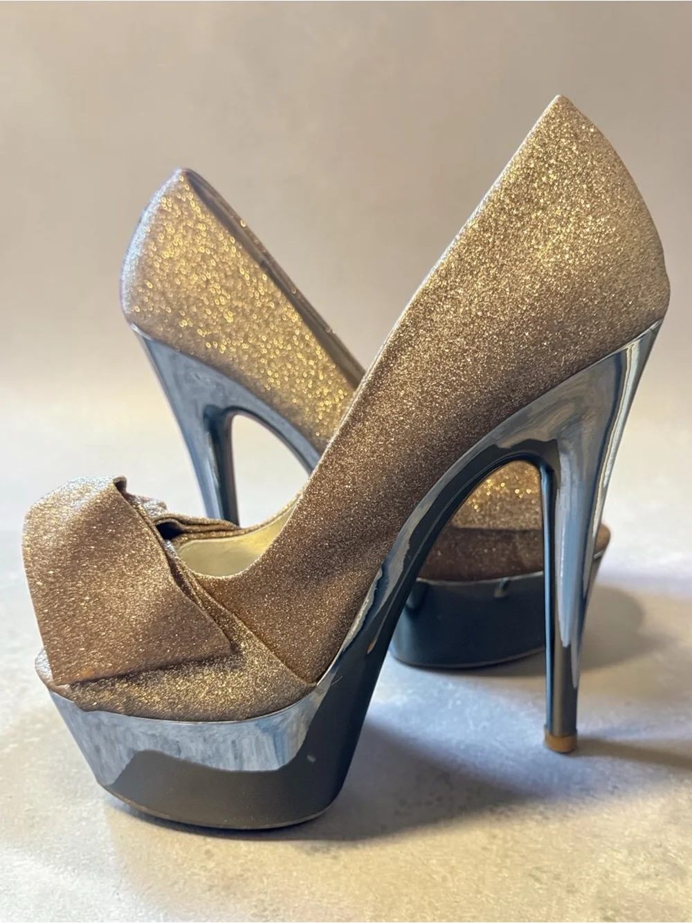Steve Madden Gold Glitter Bow Peep-Toe Platform Pumps
